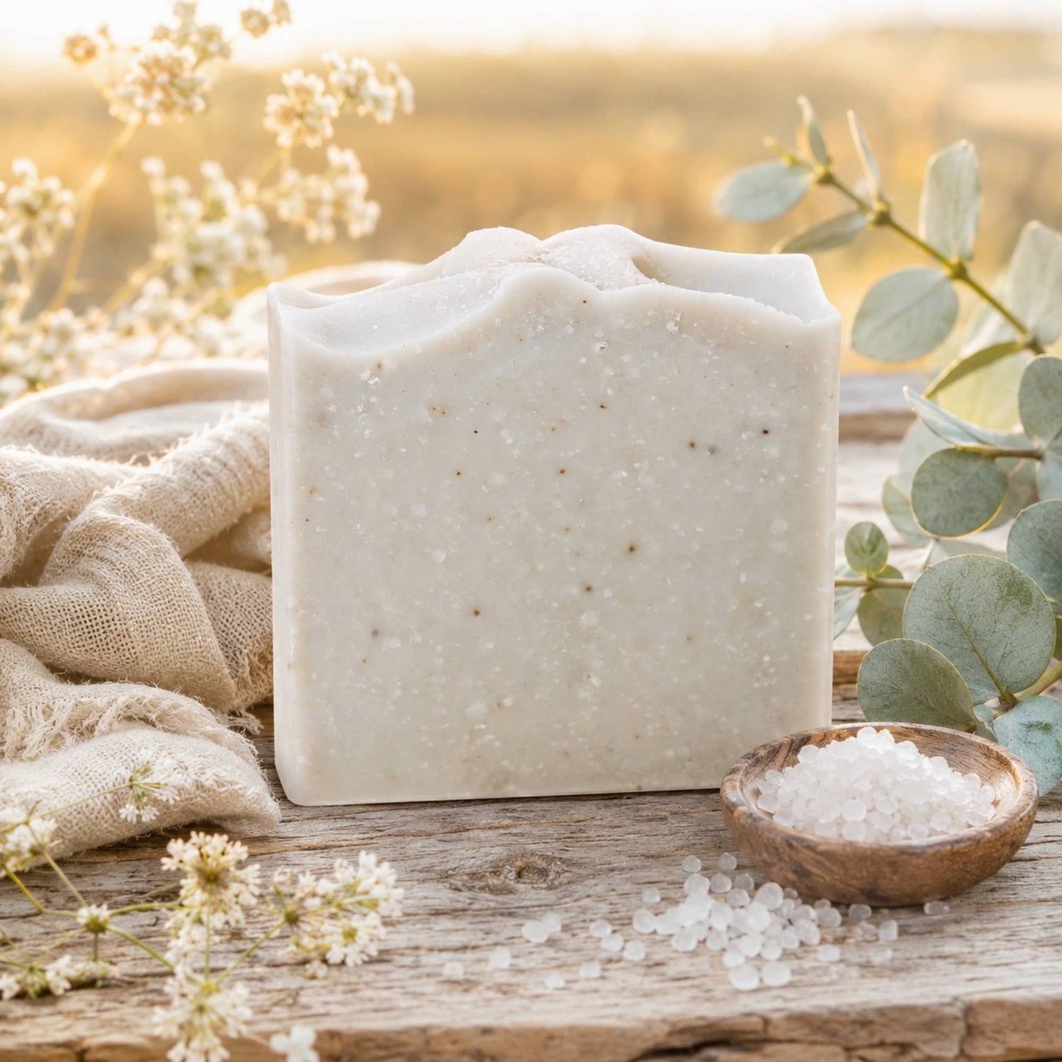 A rectangular bar of Salt + Sea soap with tiny speckles sits on a rustic wooden surface, styled with a burlap cloth, white flowers, green eucalyptus leaves, and a small wooden bowl of coarse salt.