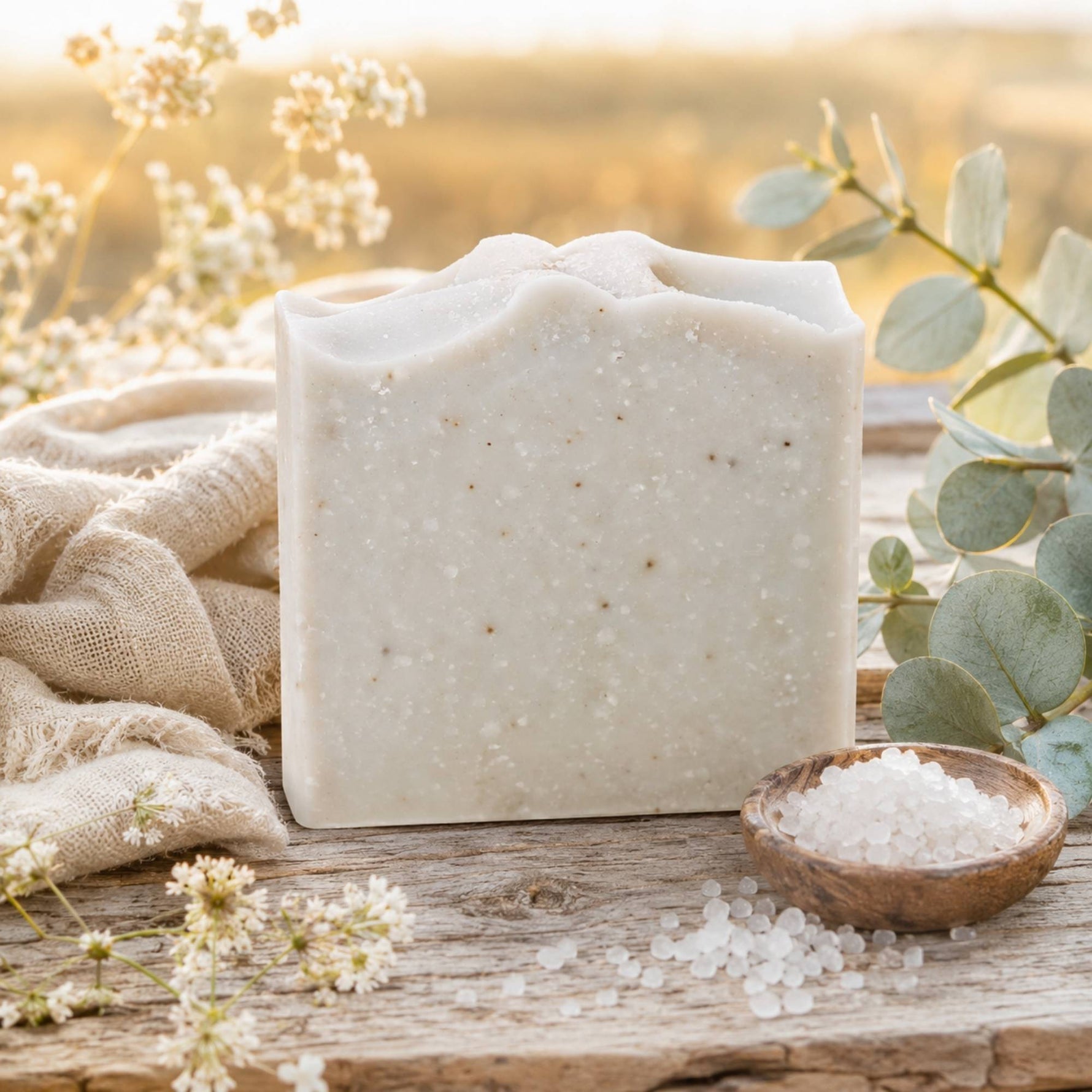 A rectangular bar of Salt + Sea soap with tiny speckles sits on a rustic wooden surface, styled with a burlap cloth, white flowers, green eucalyptus leaves, and a small wooden bowl of coarse salt.