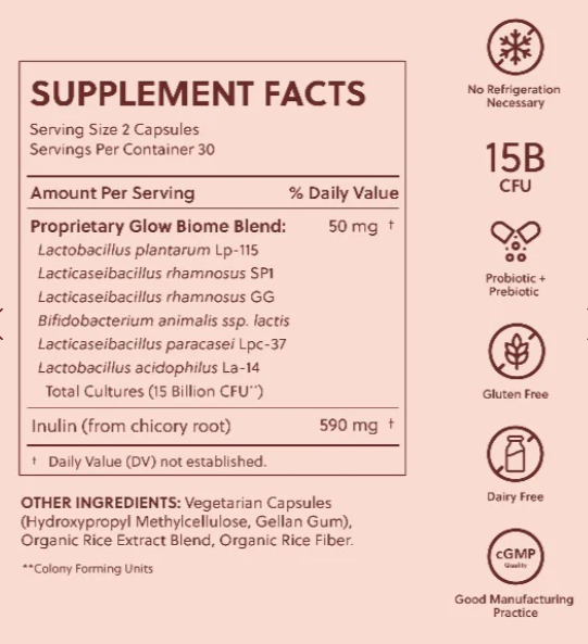 Supplement facts label with probiotic blend and ingredients on a pink background