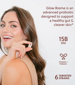 Woman holding a probiotic supplement with product details on a white background