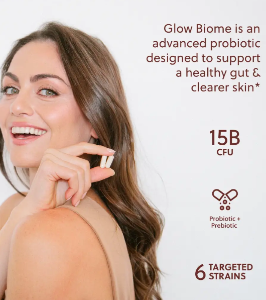 Woman holding a probiotic supplement with product details on a white background