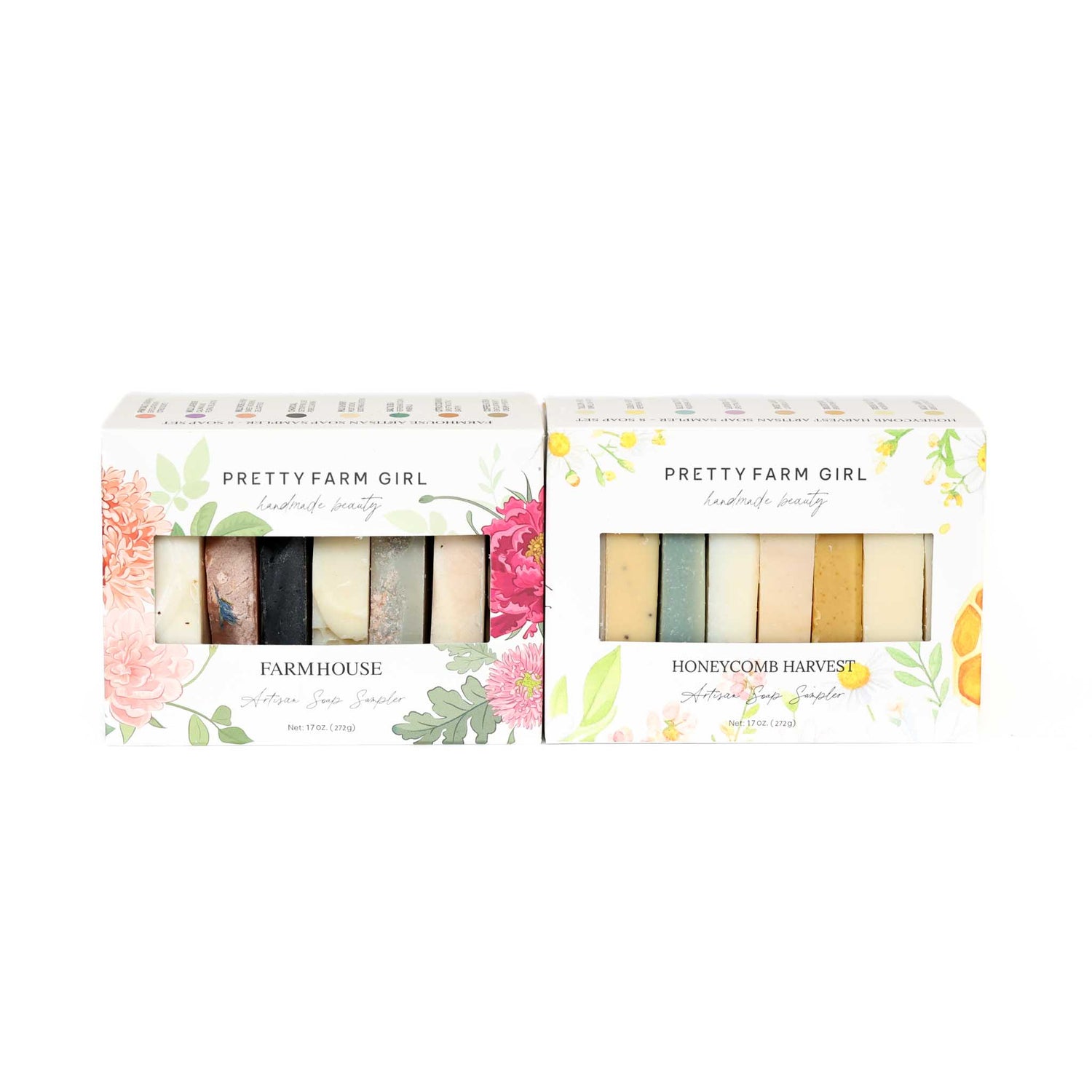 Two boxes of Pretty Farm Girl soap sample bars Farmhouse and Honeycomb Harvest with floral designs on a white background.