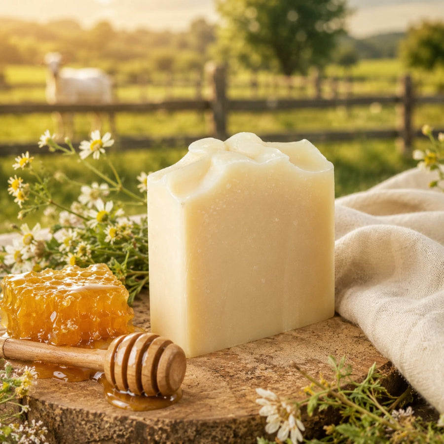 A rectangular bar of Fragrance Free Tallow soap stands on a rustic wooden surface outdoors, styled with a honeycomb, wooden honey dipper, white flowers, and a beige cloth. A blurred field and fence are visible in the background.