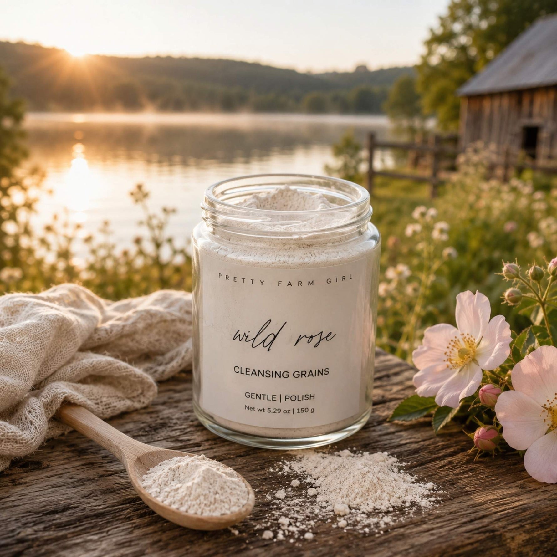 A glass jar of 'PRETTY FARM GIRL wild rose CLEANSING GRAINS' sits on a rustic wooden table outdoors by a lake at sunset, with a cloth, spoon, and pink flowers around it.