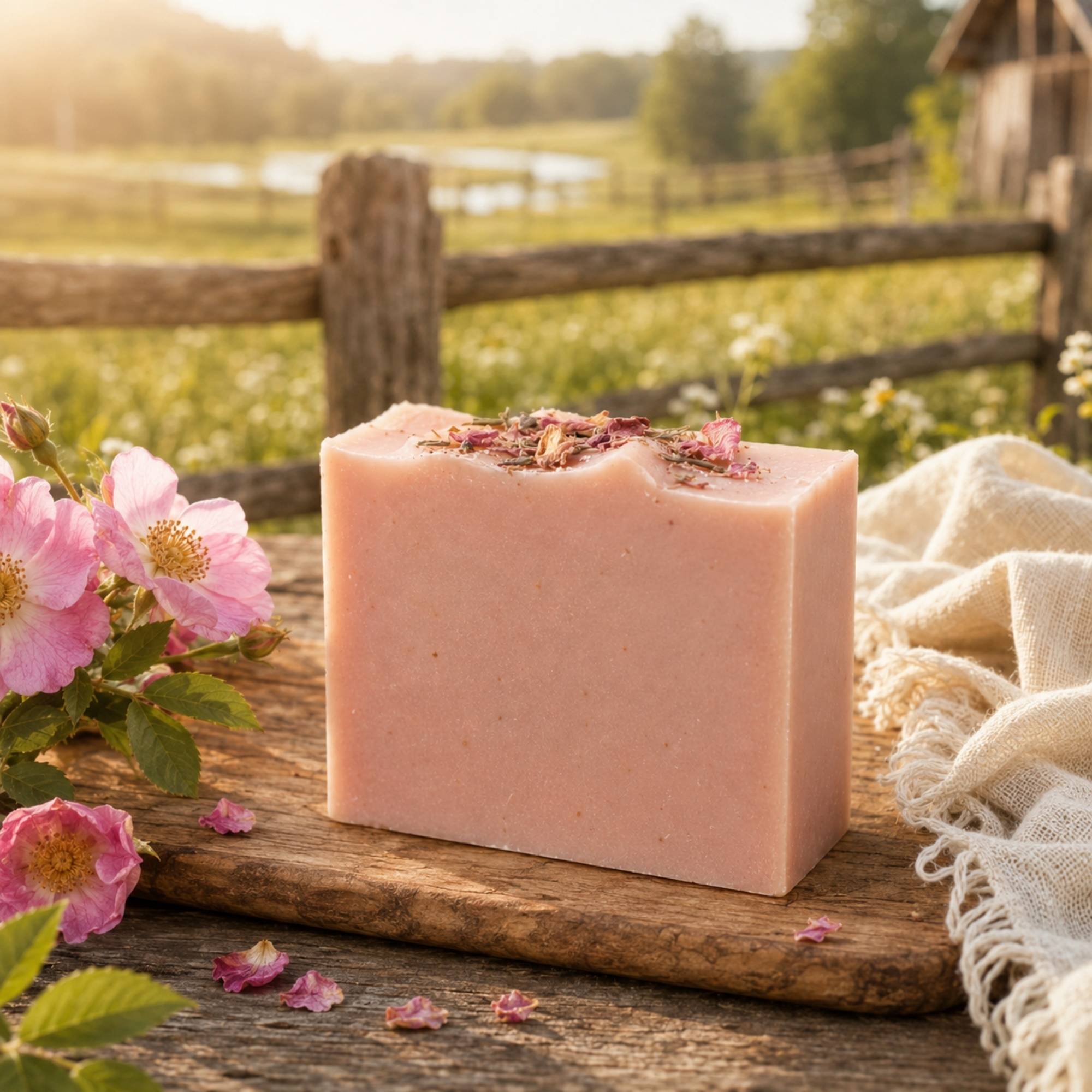 A rectangular pink Wild Rose + Honey soap bar topped with dried flower petals, displayed on a rustic wooden board outdoors with pink roses and a cream cloth nearby. A blurred rural landscape with a fence, field, and house is in the background.