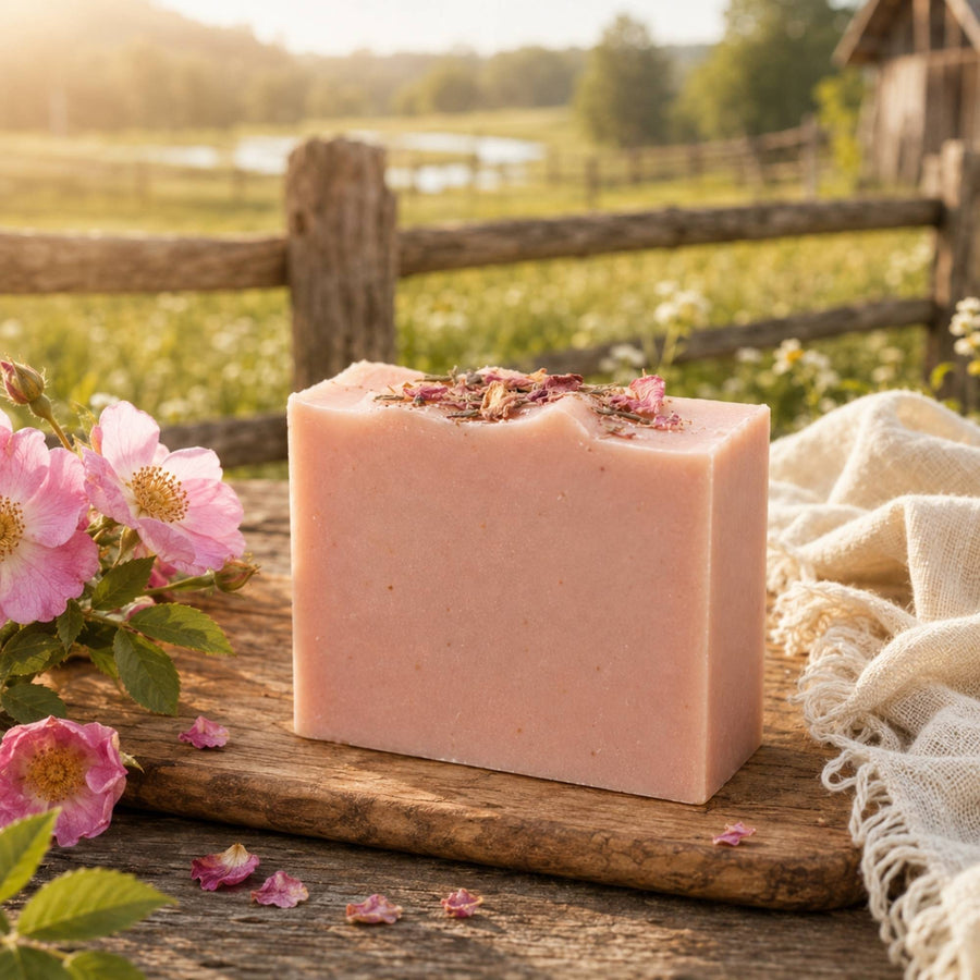 A rectangular pink Wild Rose + Honey soap bar topped with dried flower petals, displayed on a rustic wooden board outdoors with pink roses and a cream cloth nearby. A blurred rural landscape with a fence, field, and house is in the background.