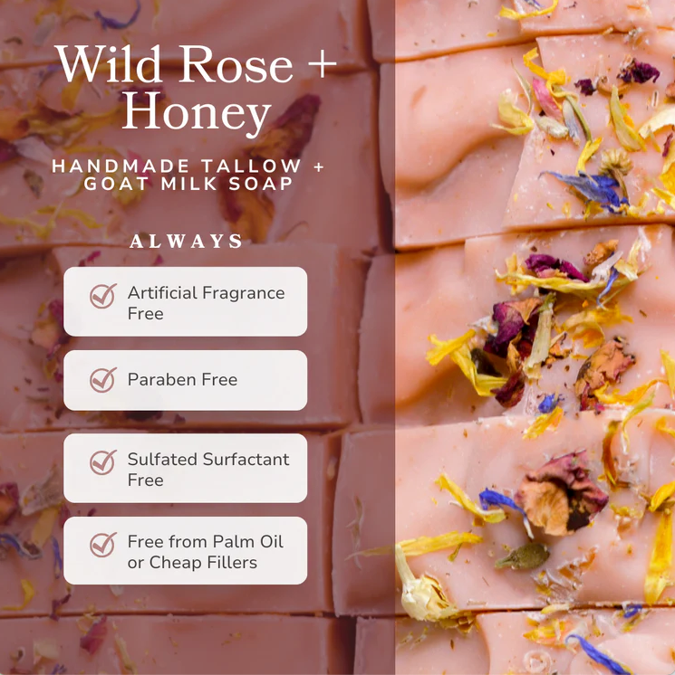 Handmade tallow goat milk soap with wild rose and honey, featuring benefits that read "Handmade tallow + goat milk soap, always artificial fragrance free, paraben free, sulfated surfactant free, free from palm oil or cheap fillers"