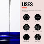 Blue container with icons and text on a beige background, highlighting various uses of the oil such as wound care, skin care, hair care, digestive health, oral health, anti-aging.