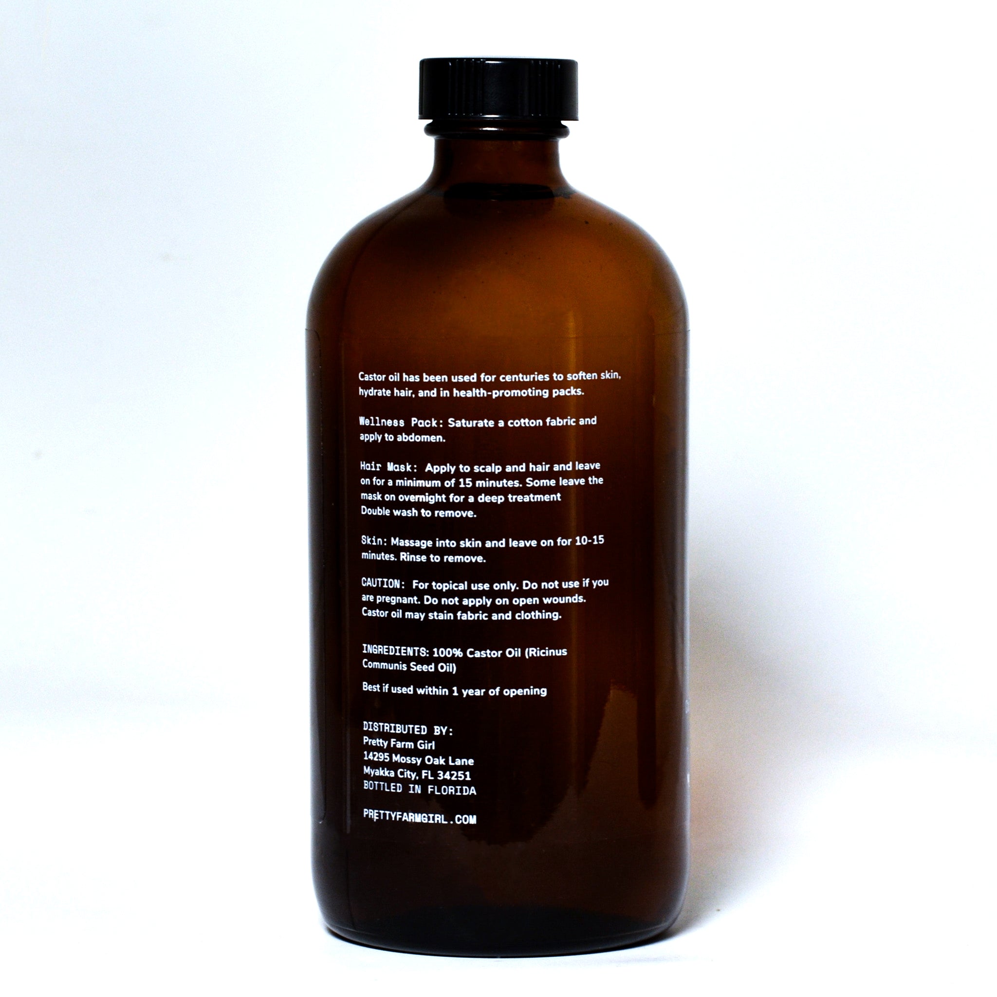 Back of the Organic Castor Oil bottle showing ingredients, and instructions about how to use the product