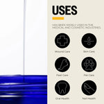 Blue container with icons and text about uses for wound care, 