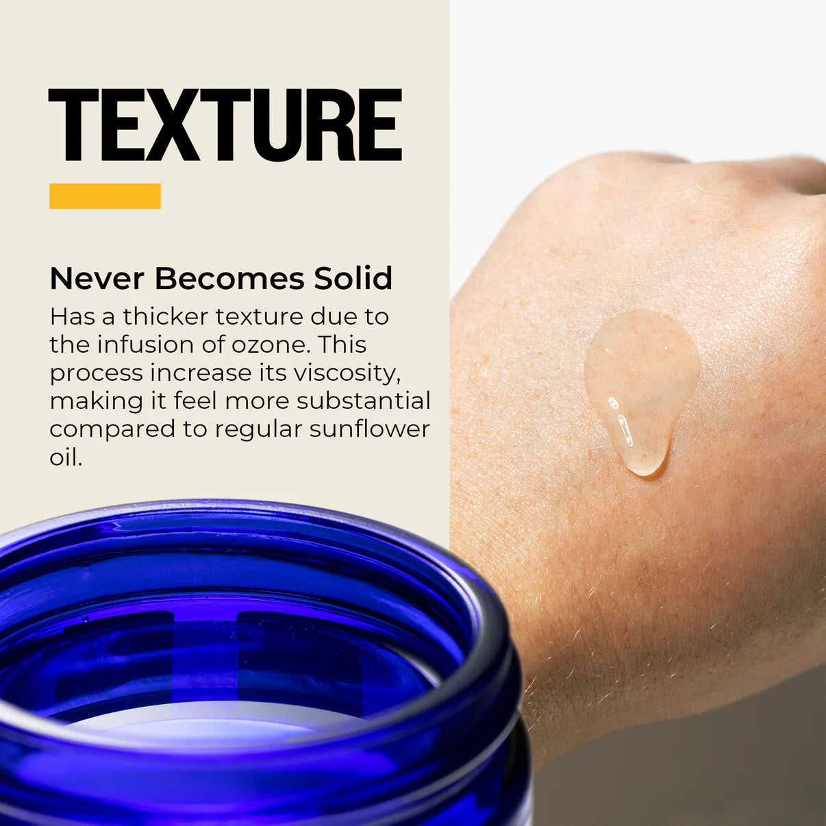 Blue jar of skincare product with a droplet on skin and text about texture